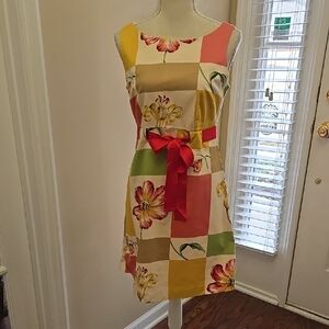 Yuka Resort pink gold green Floral Sleeveless Dress Red Bow Fully lined 8 EUC